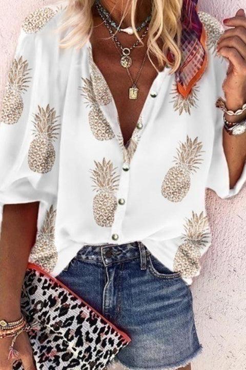 Mixiedress Buttons V Neck Pineapple Printed Shirt