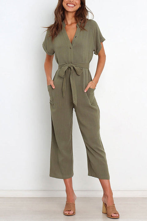 Mixiedress Buttons V Neck Short Sleeve Tie Waist Jumpsuit