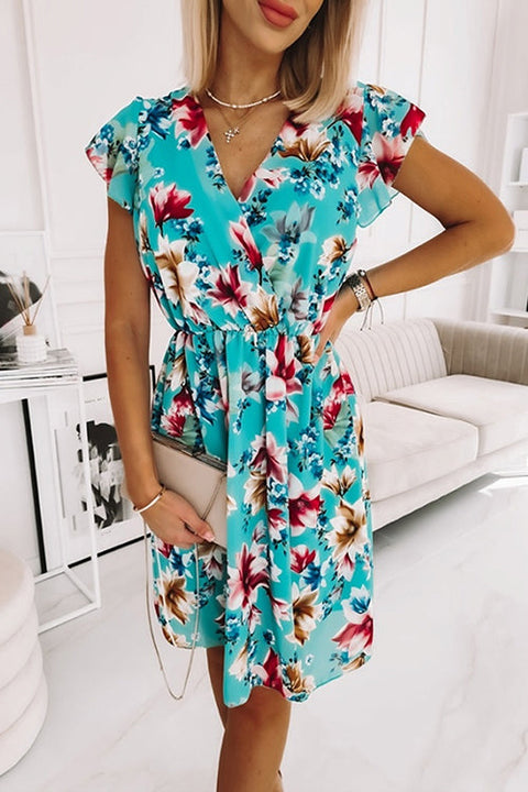 Mixiedress Wrap V Neck Short Sleeve Printed Swing Dress