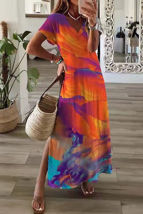 Mixiedress V Neck Short Sleeve High Split Printed Dress