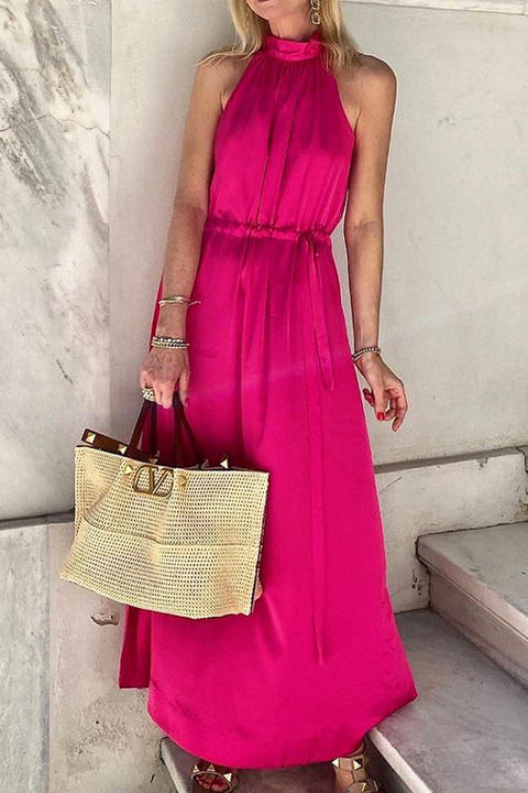 Mixiedress Solid Halter Sleeveless Tie Waist Long Dress