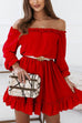 Mixiedress Off Shoulder Lantern Sleeve Waisted Ruffle Swing Dress