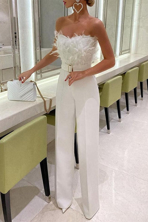 Mixiedress Off Shoulder Feather Splice Belted Jumpsuit