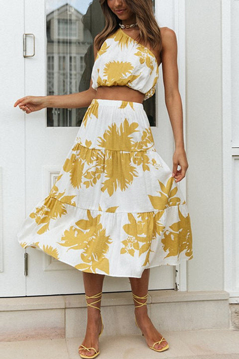 Mixiedress One Shoulder Sleeveless Crop Top and Ruched Swing Skirts Printed Set