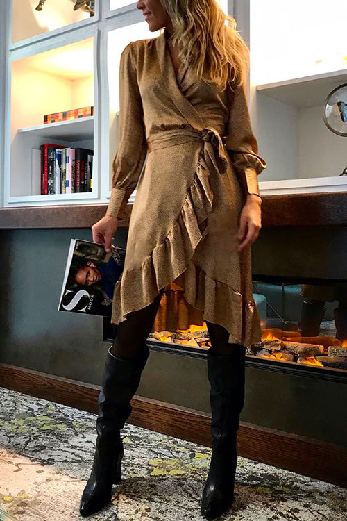 Mixiedress Wrap V Neck Long Sleeve Tie Waist Ruffle Dress