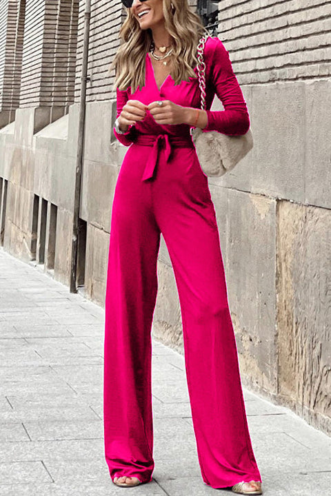 Mixiedress Wrap V Neck Long Sleeve Tie Waist Maxi Jumpsuit