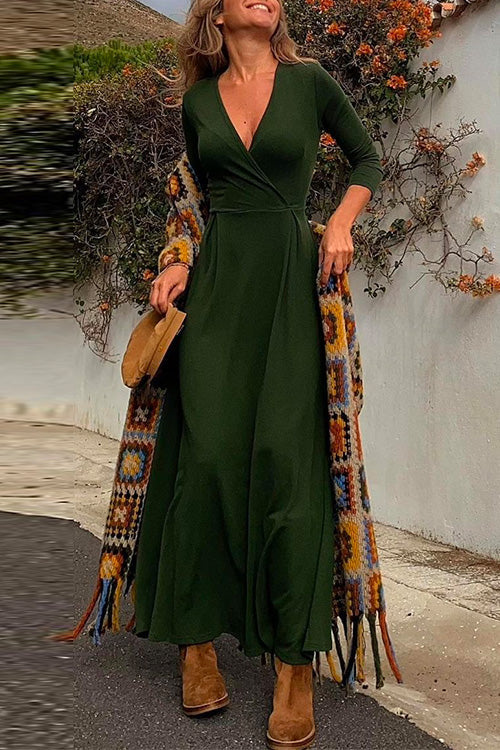 Mixiedress Wrap V Neck Long Sleeve Waisted Swing Dress