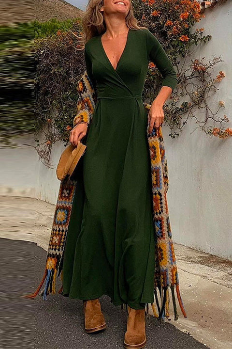 Mixiedress Wrap V Neck Long Sleeve Waisted Swing Dress