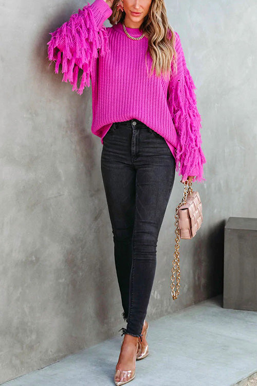 Mixiedress Crewneck Tassel Long Sleeve Loose Sweater