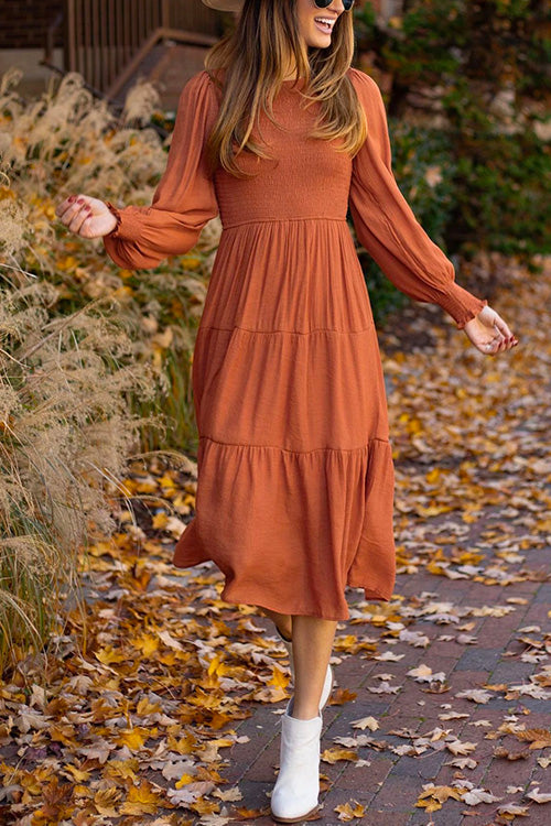 Mixiedress Crewneck Frill Smocked Lantern Sleeve Swing Dress