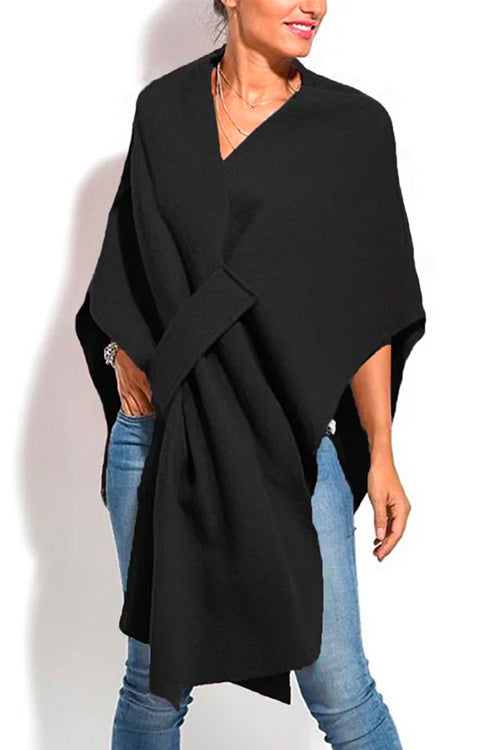 Mixiedress Solid V Neck Wrapped Batwing Cloak Sweater