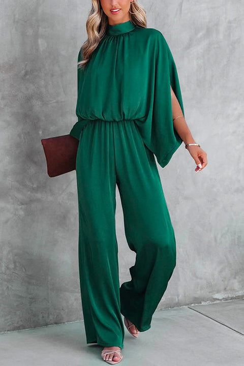 Mixiedress Stand Collar Slit Sleeve Waisted Wide Leg Jumpsuit