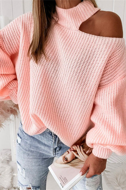 Mixiedress Mockneck Cold Shoulder Long Sleeve Loose Sweater