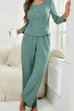 Mixiedress Crewneck Buttons Long Sleeve Top and Straight Leg Pants Solid Set