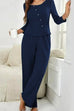 Mixiedress Crewneck Buttons Long Sleeve Top and Straight Leg Pants Solid Set