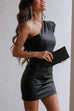 Mixiedress One Shoulder Sleeveless Faux Leather Dress