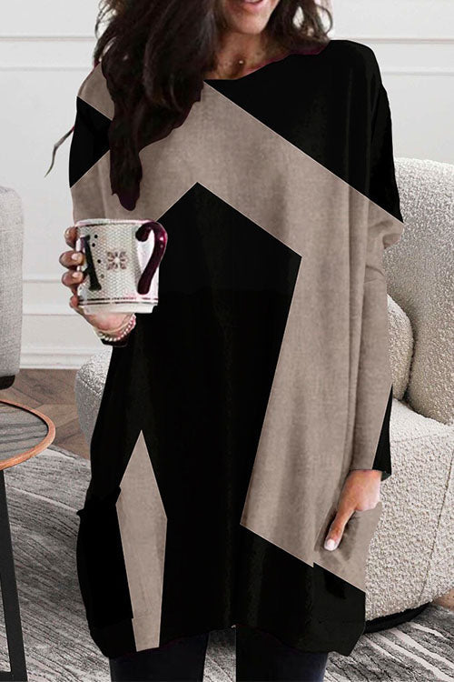 Mixiedress Crewneck Long Sleeve Color Block Dress with Pockets