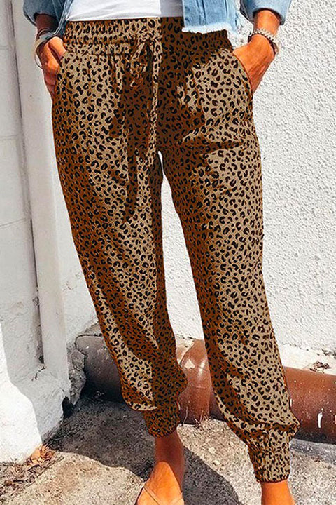 Mixiedress Casual Tie Waist Leopard Joggers Pants with Pockets
