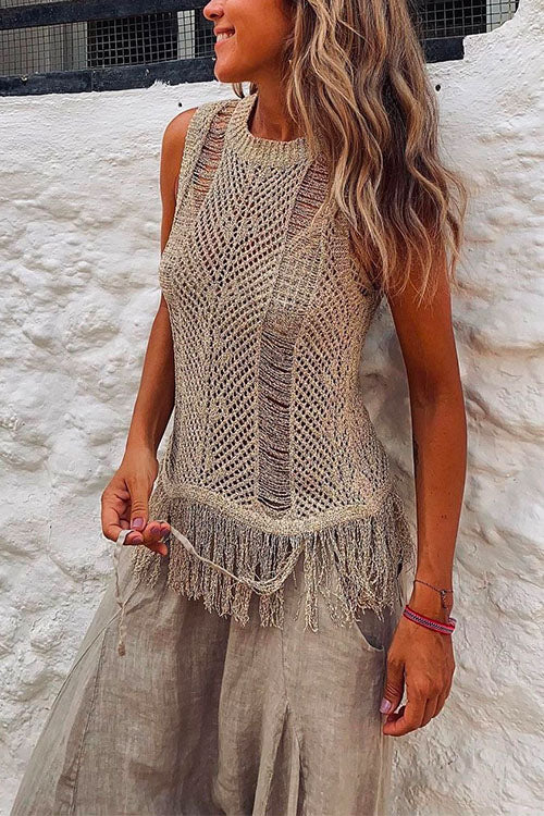 Mixiedress Tassel Crewneck Sleeveless Hollow Out Cover Up