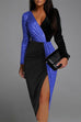 Mixiedress V Neck Color Block High Split Glitter Dress