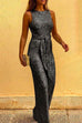 Mixiedress Crewneck Sleeveless Tie Waist Sequin Jumpsuit