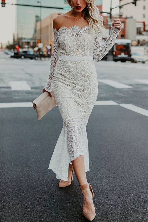 Mixiedress Off Shoulder Long Sleeve Floral Lace Bodycon Dress