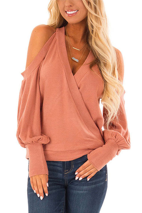 Mixiedress Wrap V Neck Cold Shoulder Lantern Sleeve Top