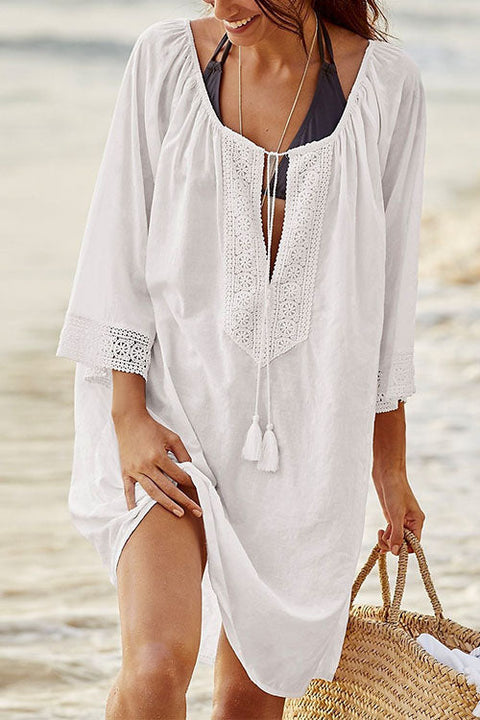 Mixiedress Tassel V Neck Short Sleeve Beach Dress