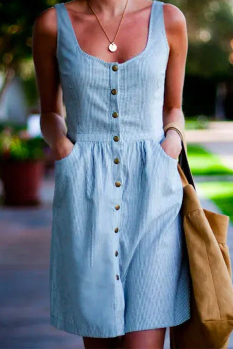 Mixiedress Buttons U Neck Sleeveless Striped Dress with Pockets