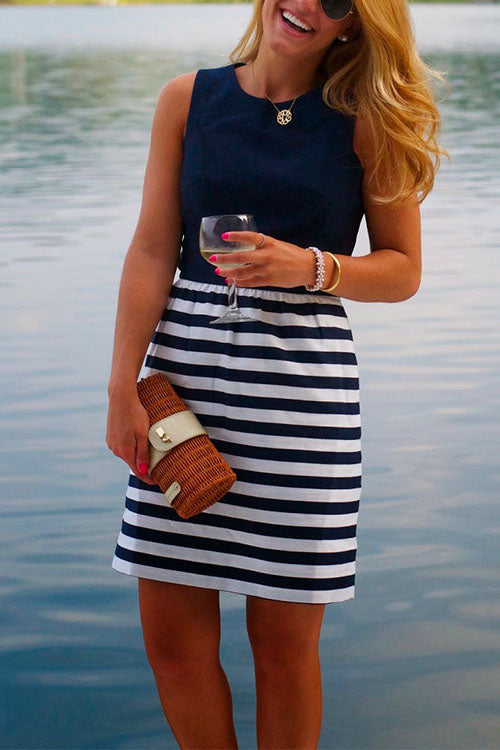 Mixiedress Casual Crewneck Sleeveless Stripes Dress