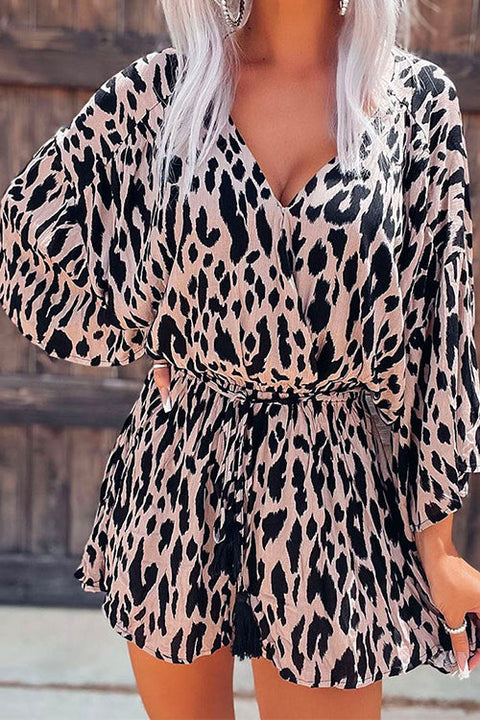 Mixiedress Deep V Neck Lantern Sleeve Leopard Romper