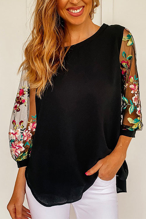 Mixiedress Crewneck Printed Mesh Splice Chiffon Shirt