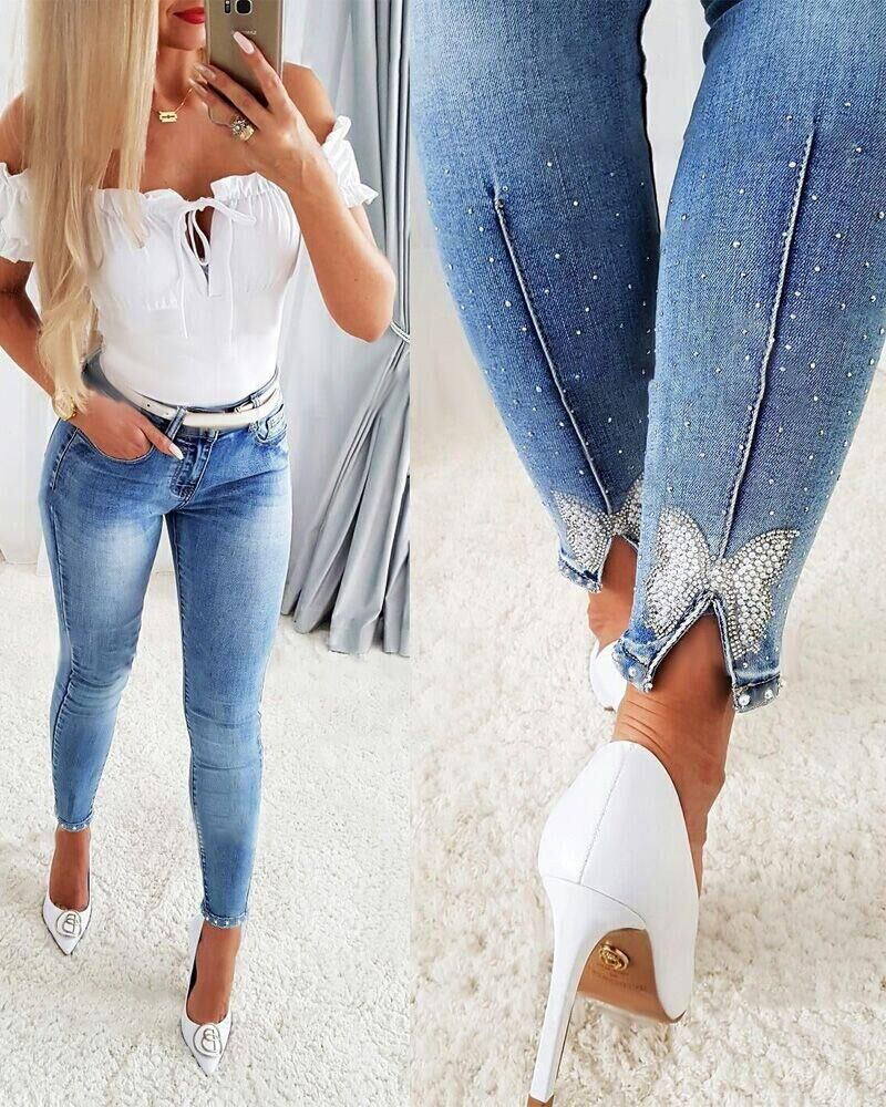 Mixiedress Beaded Butterfly Distressed Skinny Denim Pants