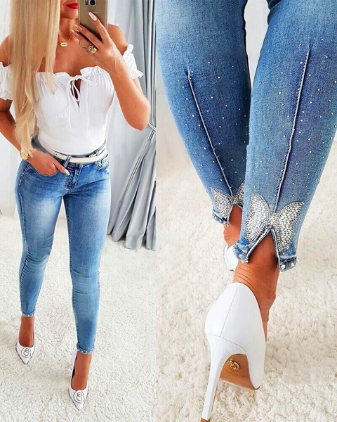 Mixiedress Beaded Butterfly Distressed Skinny Denim Pants
