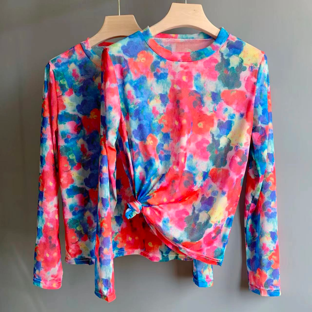 Mixiedress Crewneck Long Sleeves Stretchy Tie Dye Top