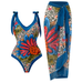 Mixiedress V Neck Bow Shoulder One-piece Swimwear and Wrap Cover Up Skirt Printed Set