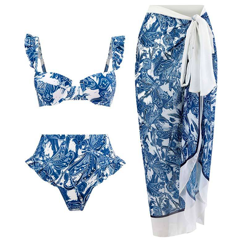 Mixiedress Ruffle Trim Two-Piece Swimwear and Wrap Cover Up Skirt Print Set