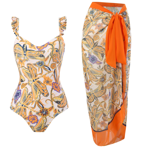 Mixiedress Dragonfly Print Ruffle One-piece Swimsuit and Wrap Cover Up Skirt Set