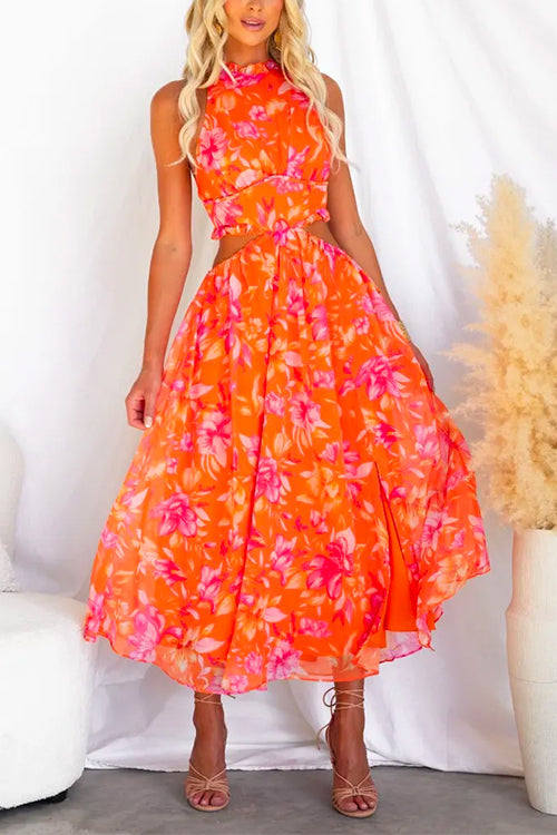 Backless Cut Out Slit Floral Maxi Flowy Dress