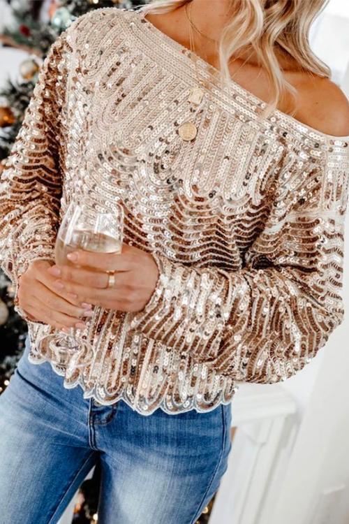 Mixiedress Sparkly Crewneck Long Sleeve Ruffle Sequin Tops