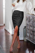 Drape Front Ruched Slit Midi Sequin Skirt