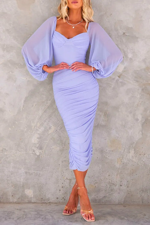 Puff Long Sleeves Backless Ruched Midi Bodycon Dress