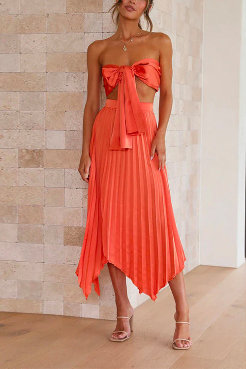 Mixiedress Off Shoulder Tie Front Top and Irregular Pleated Skirt Set