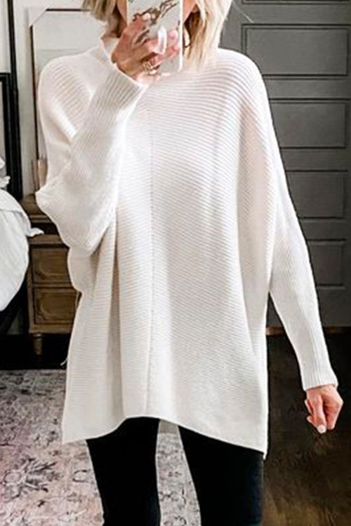 Mixiedress Solid Turtleneck Ribbed Knit Tunic Sweater