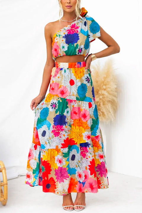 Floral Print Bow Knot One Shoulder Crop Top Ruffle Tiered Maxi Skirt Set
