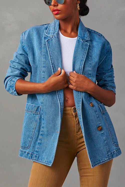 Mixiedress Notch Lapel Button Front Pocketed Denim Blazer