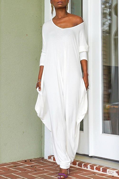 Mixiedress Solid Crewneck Long Sleeve Draped Jumpsuit