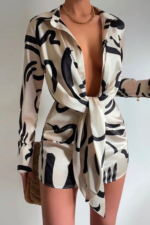 Mixiedress Lapel Long Sleeve Tie Knot Front Printed Mini Dress