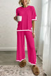 Mixiedress Color Block Short Sleeves Side Split Pullover Wide Leg Pants Knitting Loungewear Set