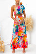 Floral Print Bow Knot One Shoulder Crop Top Ruffle Tiered Maxi Skirt Set